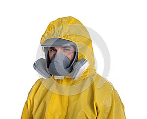 Man wearing chemical protective suit on white background. Prevention of virus spread