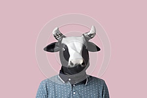 Man wearing a cow mask on a pinkg background