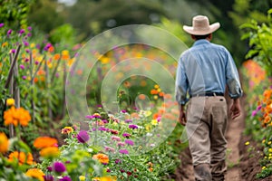 A man wearing a cowboy hat is walking through a vibrant field of flowers, A farmer walking along a dirt path lined with vibrant