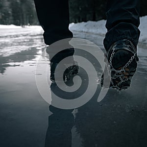 Man wearing crampons walking on icy road