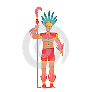 Man Wearing Festival Costume with Feathers Holding Staff, King Carnival in Rio De Janeiro. Brazilian Samba Dancer