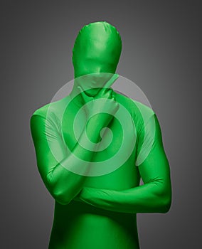 Man Wearing Full Green Nylon Bodysuite