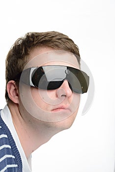 Man wearing futuristic eye glasses