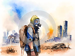 a man wearing a gas mask in a city