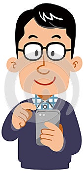 A Man  wearing glasses and everyday clothes to operate a smartphone