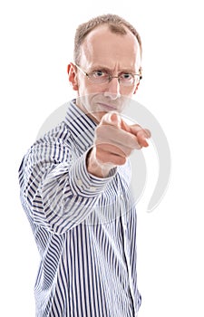 Man wearing glasses showing thumb up at camera isolated on white