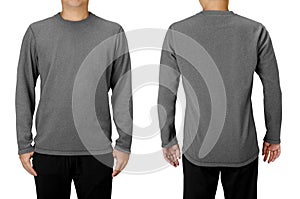 Man wearing gray long sleeve t-shirt isolated on white background. Front and back view