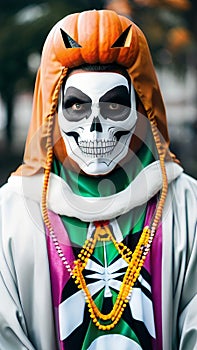 Man wearing grim reaper face paint and Jack o\'lantern hood