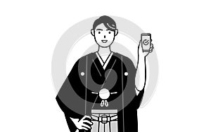 Man wearing Hakama with crest using a smartphone at work