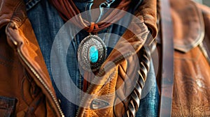 A man wearing a handcrafted leather bolo tie intricately tooled and featuring a striking turquoise stone as its