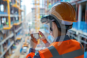 A man wearing a hard hat holds a smart phone while taking a break at a construction site, A worker using wearable tech to enhance