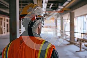 A man wearing a hard hat and safety vest while working on a construction site, An IoT-enabled construction wearable that monitors