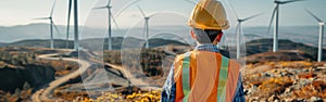 A man wearing a hard hat stands in front of a wind farm, overseeing operations and maintenance of wind turbines photo