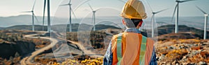 A man wearing a hard hat stands in front of a wind farm, overseeing operations and maintenance of wind turbines
