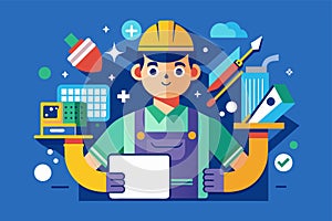 A man wearing a hard hat stands holding a clipboard at a construction site, Tiler Customizable Flat Illustration