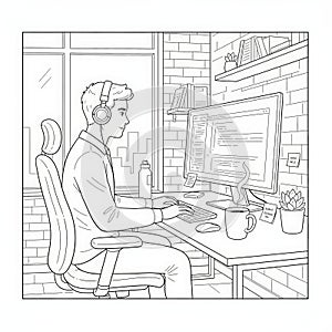 Programmer working on computer in modern office interior