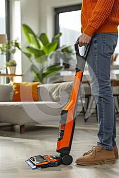 A man wearing headphones is using a cordless vacuum to clean the floor in a living room