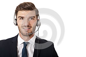 Man wearing headset with stereo headphones