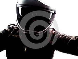 Man wearing helmet for motorcycling, on white background - photography photo