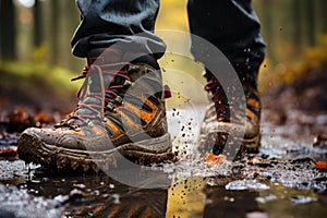 A man wearing hiking boots walking through a puddle. Generative AI image.