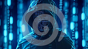 A man wearing a hooded jacket stands in front of a wall covered with numerical digits, Ransomware portrayed as a threatening