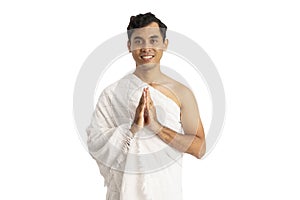 Man wearing ihram muslim clothes for hajj and umrah