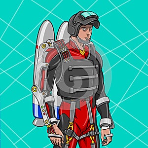 A man wearing a jetpack suit, basic red shirt with aerospace fragment gear.