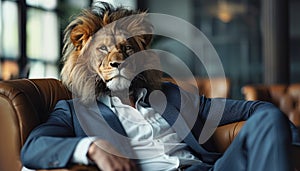 A man is wearing a lion& x27;s head and sitting on a leather couch by AI generated image