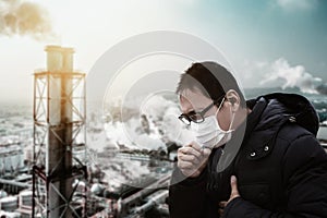 Man wearing mask against smog  and  air pollution factory background