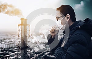 Man wearing mask against smog  and  air pollution factory background