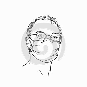 Man wearing medical face mask and eyeglasses, Hand drawn