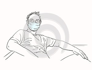 Man wearing medical face mask and eyeglasses is sitting in relaxing pose, Hand drawn portrait