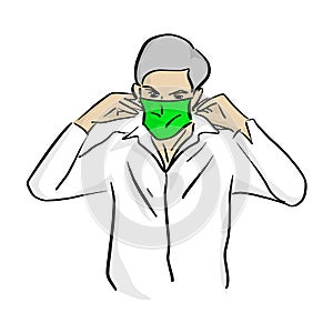 Man wearing medical green mask vector illustration sketch doodle hand drawn with black lines isolated on white background