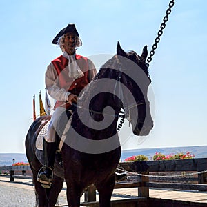 Man wearing medieval costume riding on a horse