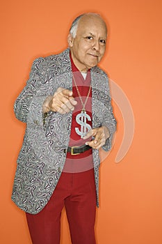 Man wearing money necklace.