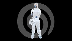 Man wearing an NBC personal protective equipment ppe suit spraying disinfectant water to remove covid-19 coronavirus
