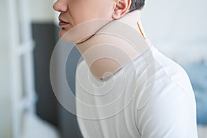 Man wearing a neck brace, orthopedic bandage, hernia of the cervical spine, health problems