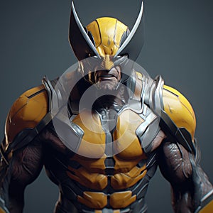 Man wearing an orange and yellow costume, with character being depicted as Wolverine. He is standing in front of black