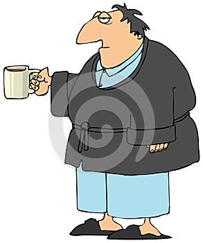 Man wearing pajamas and robe with a cup of coffee