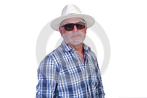 man wearing panama style straw hat with black ribbon isolated on white background, straw hat for woman and man head protection