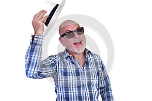 man wearing panama style straw hat with black ribbon isolated on white background, straw hat for woman and man head protection