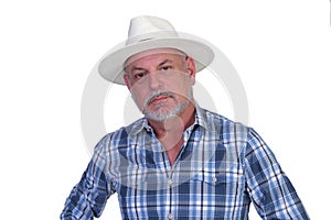 man wearing panama style straw hat with black ribbon isolated on white background, straw hat for woman and man head protection
