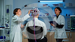 Man wearing performant eeg headset scanning brain electrical activity