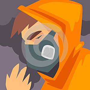 Man Wearing Protective Face Mask, People Suffering from Fine Dust, Industrial Smog, Vector Illustration