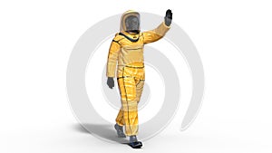 Man wearing protective hazmat suit waving, human with gas mask dressed in biohazard outfit for chemical and toxic protection, 3D