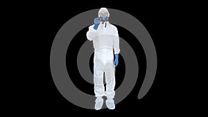 Man wearing protective mask and hazmat suit crossing hands and showing stop gesture, Alpha Channel