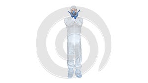 Man wearing protective mask and hazmat suit crossing hands and showing stop gesture on white background.
