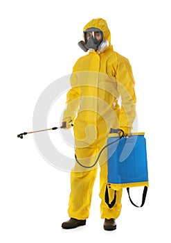 Man wearing protective suit with insecticide sprayer on background. Pest control