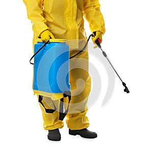 Man wearing protective suit with insecticide sprayer on white background, closeup. Pest control