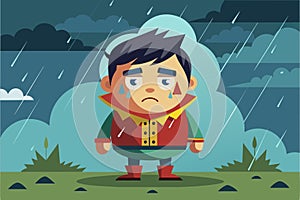 A man wearing a raincoat standing outdoors during a rain shower, Raining Customizable Disproportionate Illustration